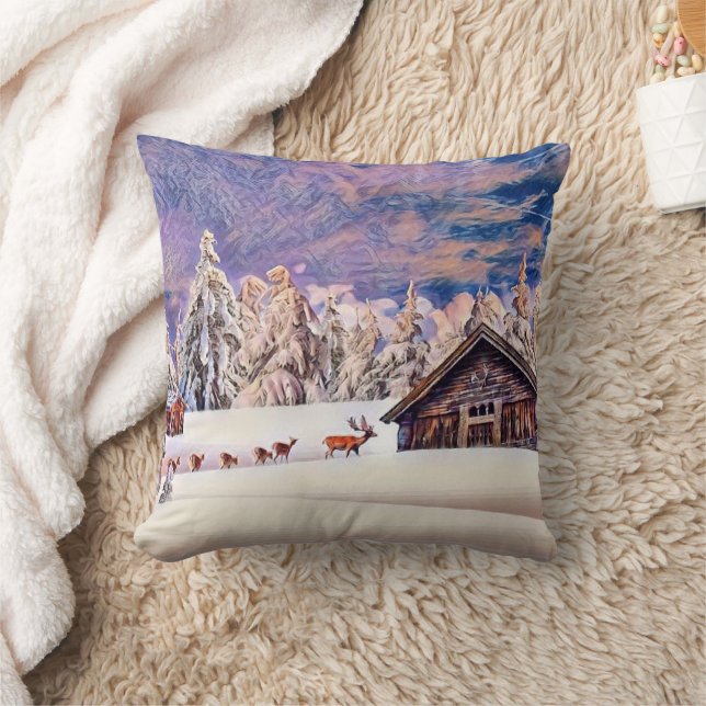 Vintage Winterlandschaft Rentierbaumkunst Kissen (Decke)