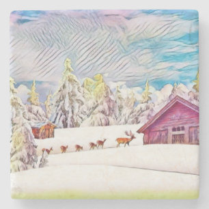Vintage Winterlandschaft Rentierbaumkunst Steinuntersetzer