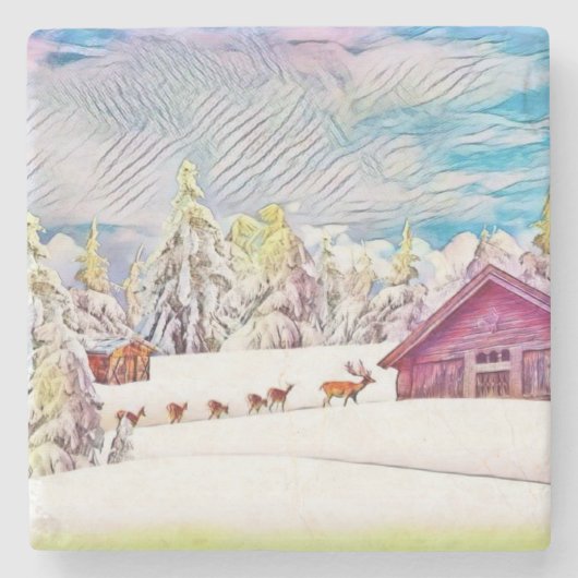 Vintage Winterlandschaft Rentierbaumkunst Steinuntersetzer (Vorderseite)