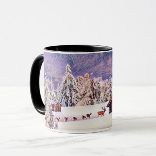 Vintage Winterlandschaft Rentierbaumkunst Tasse (Vorderseite Links)