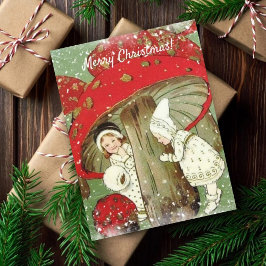 Vintage Wintermärsche unter Pilzweihnachtsfest Postkarte