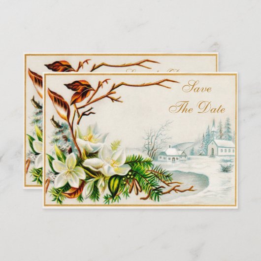 Vintage Winterschneekirche & Lilien Save the Date (Vorne/Hinten)
