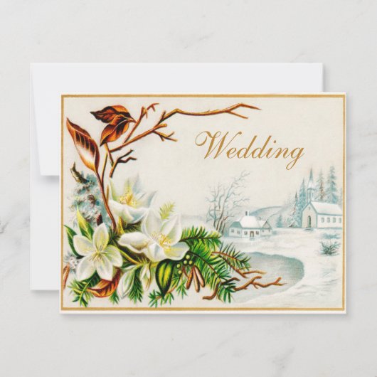 Vintage Winterschneekirche & Lilies Hochzeit Einladung (Vorderseite)