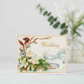 Vintage Winterschneekirche & Lilies Hochzeit Einladung (Stehend Vorderseite)