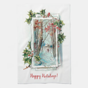 Vintage Winterschneeszene mit Holly Geschirrtuch