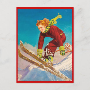 Vintage Wintersport, Skifahren Postkarte
