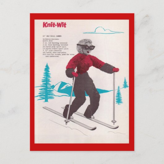 Vintage Wintersportarten, Ski Strick mit Spaß Postkarte (Vorderseite)