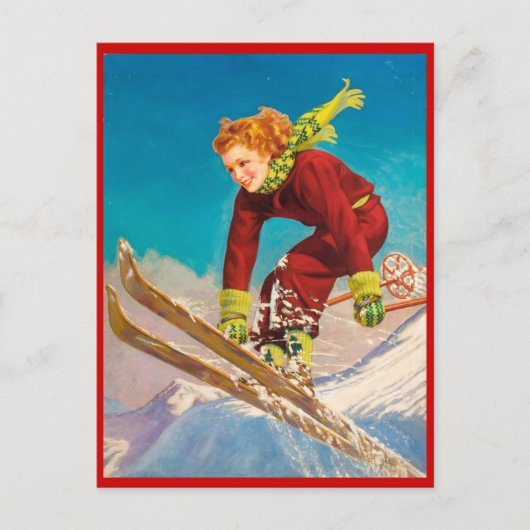 Vintage Wintersportarten, Skiabfahrt Postkarte (Vorderseite)