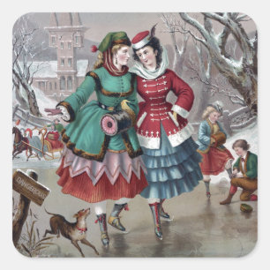 Vintage-Winterszene beim Schlittschuhlaufen Quadratischer Aufkleber