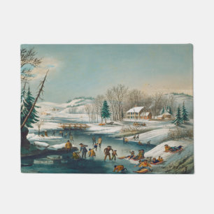 Vintage-Winterszene Eislaufen Urlaub Weihnachten Fußmatte