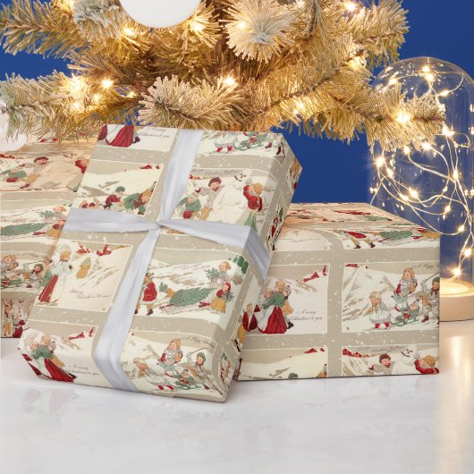 Vintage Winterszenen mit fröhlichen Kindern Geschenkpapier (Feiertage)