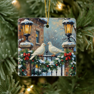 Vintage Wintertauben am Laternenbeleuchteten Tor W Keramikornament