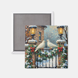 Vintage Wintertauben am Laternenbeleuchteten Tor W Magnet