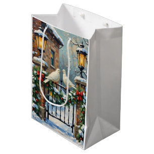 Vintage Wintertauben am Laternenbeleuchteten Tor W Mittlere Geschenktüte