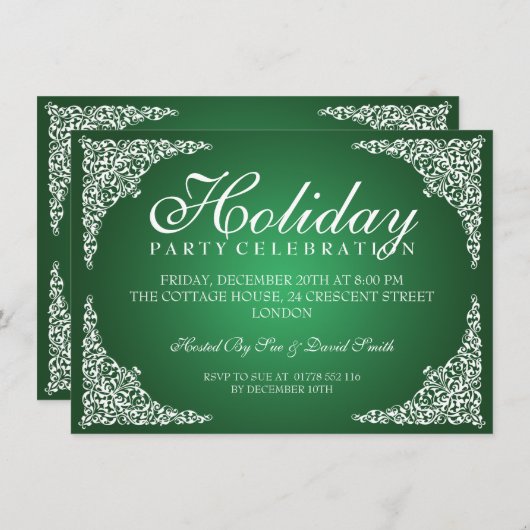 Vintage Wirbel Feiertage Grün Einladung (Vorne/Hinten)