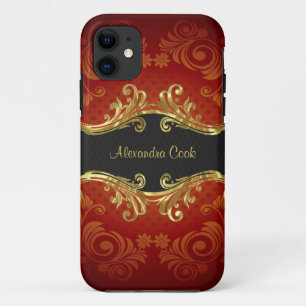 Vintage Wirbel-Monogramm-Farbtöne aus Rot und Gold iPhone 11 Hülle