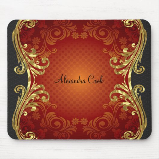 Vintage Wirbel-Monogramm-Rot- und Goldtöne Mousepad (Vorne)