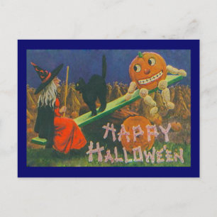 Vintage Witch & Jack o' Lanterns Play Time Postkarte