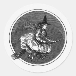 Vintage Witch On Broom Halloween Runder Aufkleber