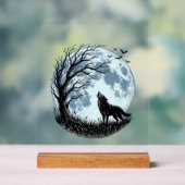Vintage-Wolf-Heulender-Mond-Baum-Silhouette-Design Acrylschild (Neutral)