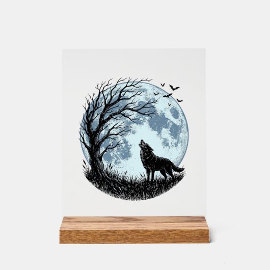 Vintage-Wolf-Heulender-Mond-Baum-Silhouette-Design Acrylschild (Vorderseite)