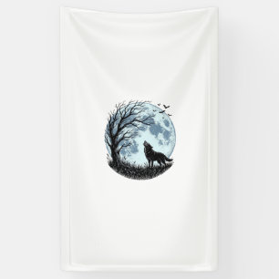 Vintage-Wolf-Heulender-Mond-Baum-Silhouette-Design Banner