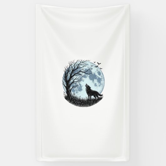 Vintage-Wolf-Heulender-Mond-Baum-Silhouette-Design Banner (Vertikal)