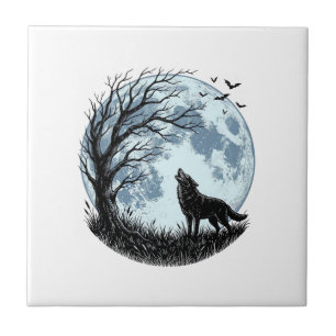 Vintage-Wolf-Heulender-Mond-Baum-Silhouette-Design Fliese