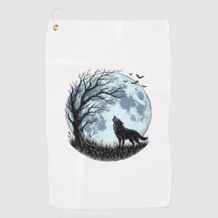 Vintage-Wolf-Heulender-Mond-Baum-Silhouette-Design Golfhandtuch