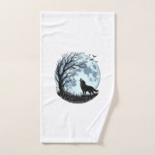 Vintage-Wolf-Heulender-Mond-Baum-Silhouette-Design Handtuch
