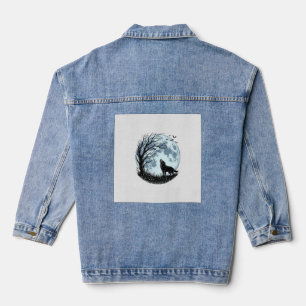 Vintage-Wolf-Heulender-Mond-Baum-Silhouette-Design Jeansjacke