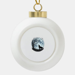 Vintage-Wolf-Heulender-Mond-Baum-Silhouette-Design Keramik Kugel-Ornament