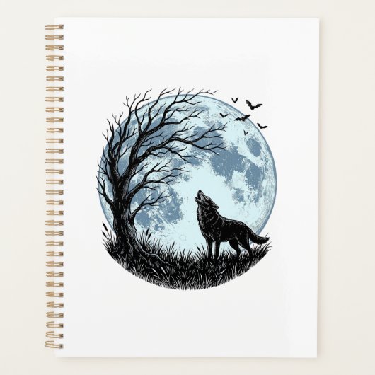 Vintage-Wolf-Heulender-Mond-Baum-Silhouette-Design Planer (Vorderseite)