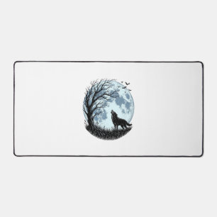 Vintage-Wolf-Heulender-Mond-Baum-Silhouette-Design Schreibtischunterlage