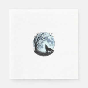 Vintage-Wolf-Heulender-Mond-Baum-Silhouette-Design Serviette