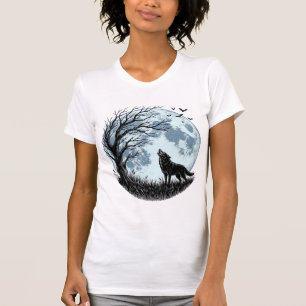 Vintage-Wolf-Heulender-Mond-Baum-Silhouette-Design T-Shirt
