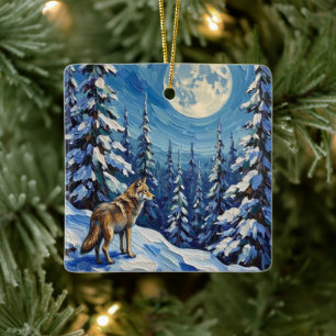 Vintage Wolf im mondbeschienenen Winterwald Weihna Keramikornament