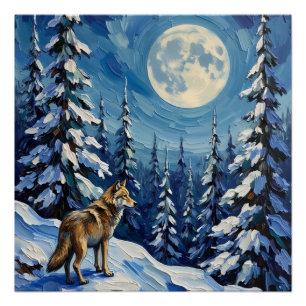 Vintage Wolf im mondbeschienenen Winterwald Weihna Poster