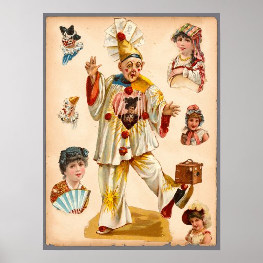 Vintage Women & Circus Clowns Ephemera Collage Poster (Vorne)