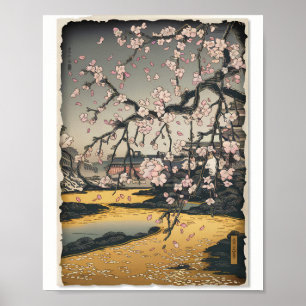 Vintage Woodblock Sakura Szene Poster