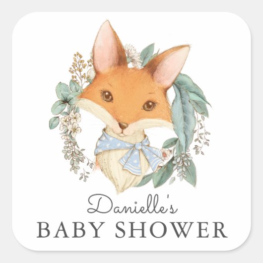 Vintage Woodland Fox Blue Baby Dusche Quadratischer Aufkleber (Vorderseite)