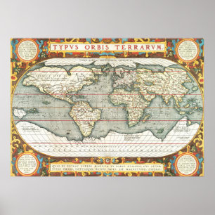 Vintage World Map by Abraham Ortelius 1587-1595 Poster