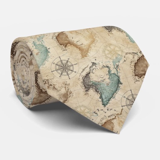 Vintage World Map Pattern Krawatte (Gerollt)