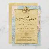 Vintage World Travel Map Engagement Party Einladung (Vorne/Hinten)