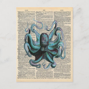 Vintage-Wörterbuch-Kunst Blau-Oktopus-Ozean Postkarte