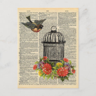 Vintage-Wörterbuch-Kunst Vogel und Käfig mit Blume Postkarte