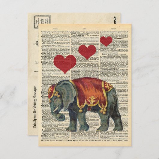 Vintage Wörterbuchkunstzirkus Elephant-Liebe Postkarte (Vorne/Hinten)