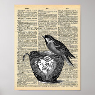 Vintage Wörterbuchseite mit Bird und Teacup Poster