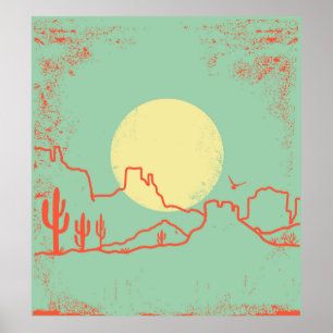Vintage Wüstenlandschaft mit Kakteen und Canyon. Poster