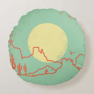 Vintage Wüstenlandschaft mit Kakteen und Canyon. Rundes Kissen
